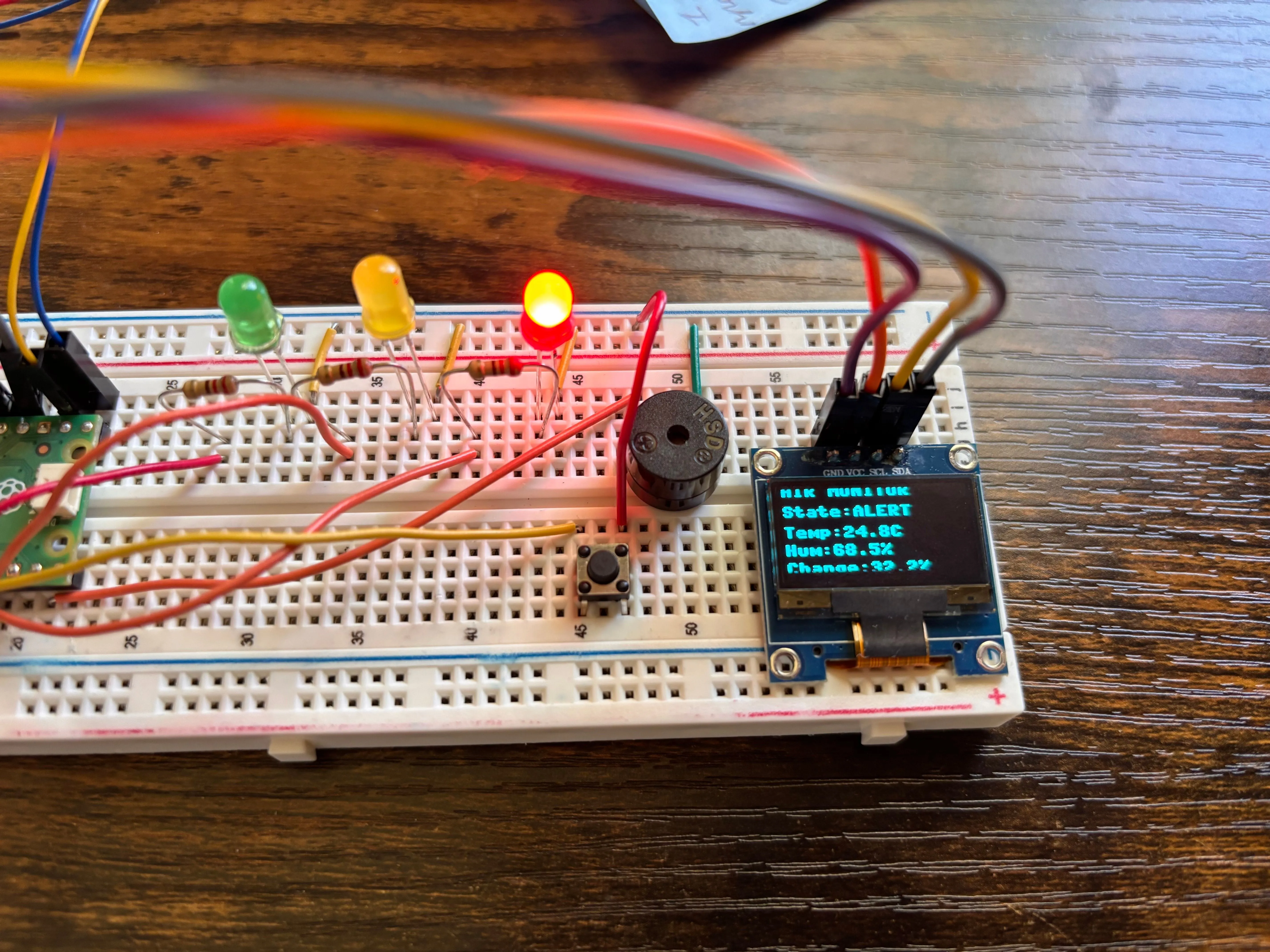 Air-quality monitor displaying its alert state