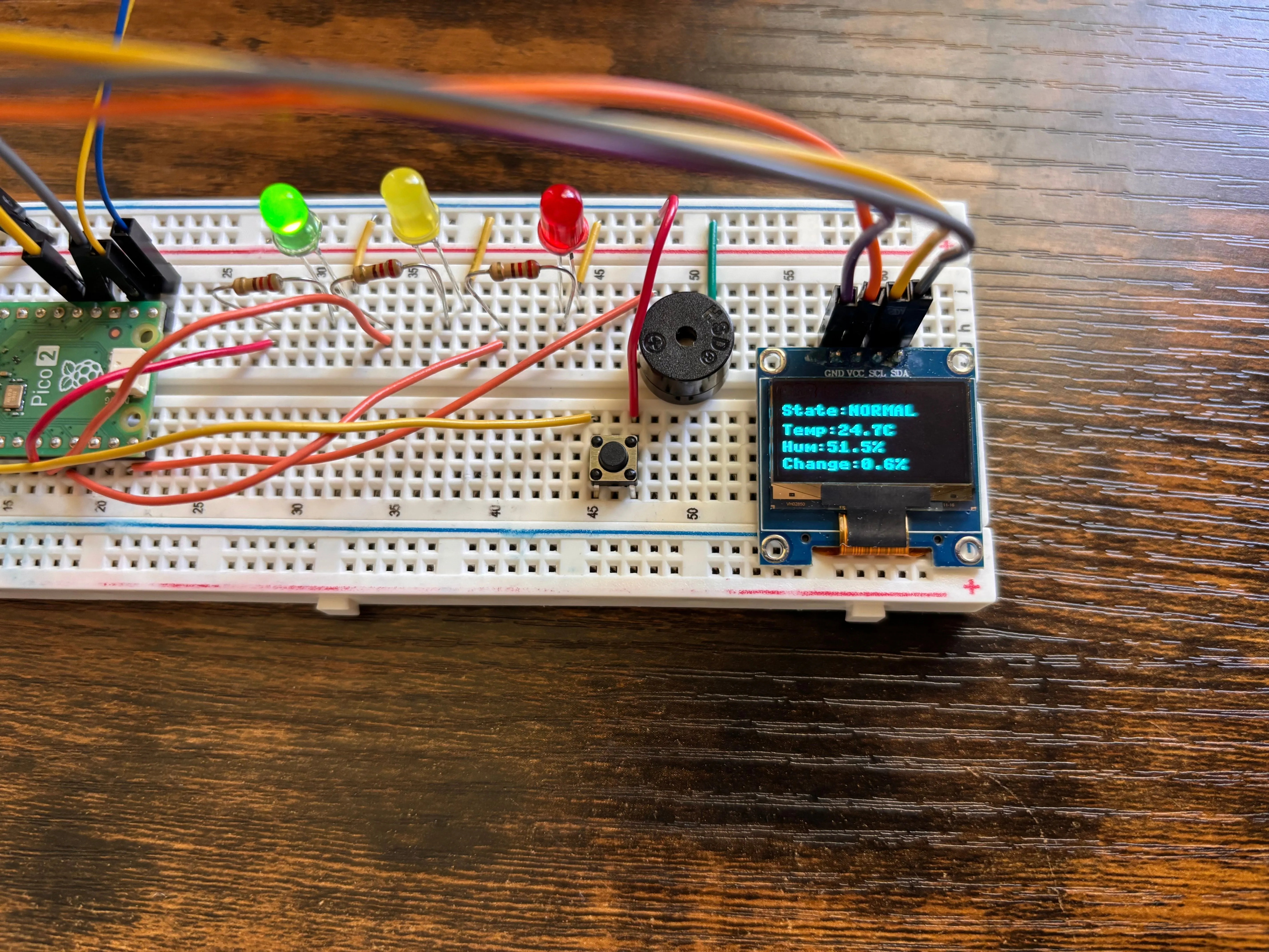 Raspberry Pi Pico 2 air-quality monitor operating in its normal state